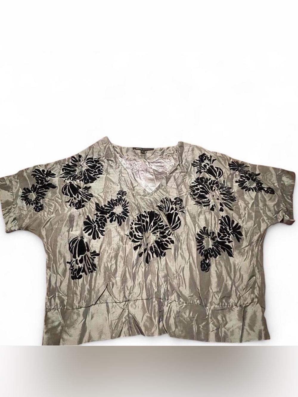 Marc Jacobs Metallic Silver Velvet Floral Devoré Blouse Top Banded L